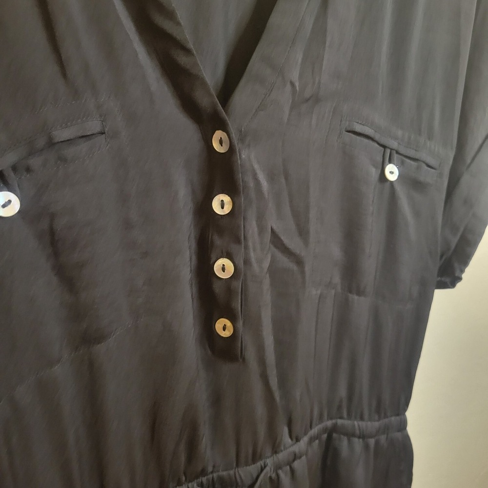 Promesa Black Short Sleeve Button Front Utility‎ Romper XL Drawstring Waist Boho - Picture 2 of 12